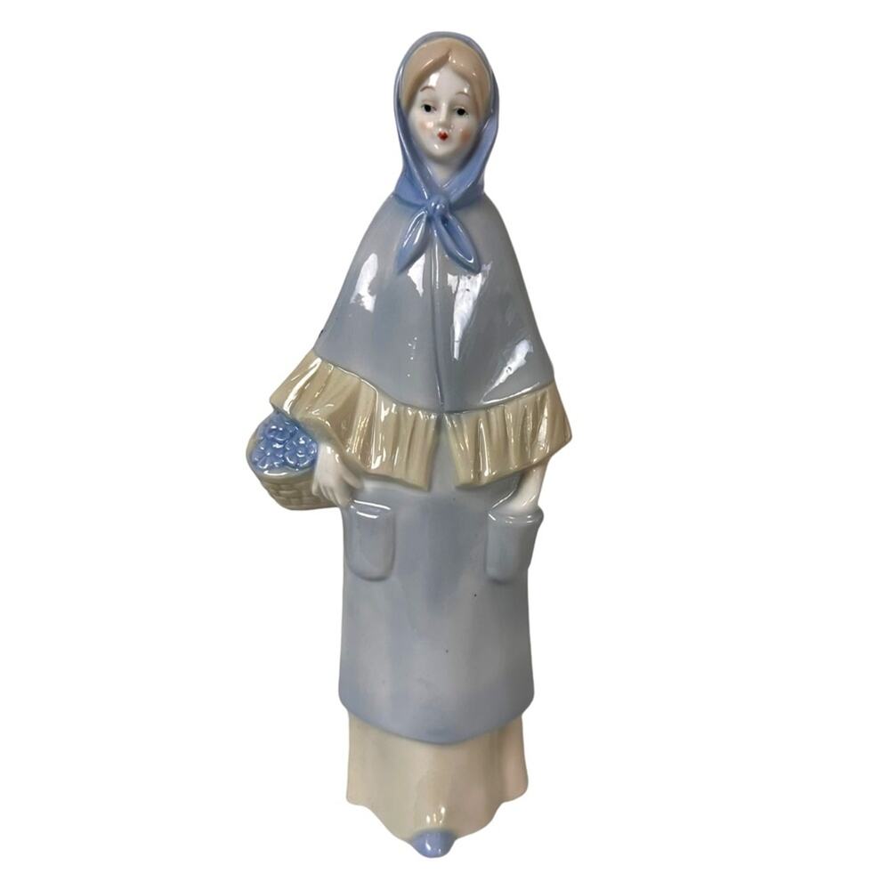 Frankel Lady Figurine Vintage Ceramic Flower Girl Basket Elegant Muted Blue